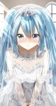 1girl :o bangs bare_arms bare_shoulders blue_eyes blue_hair blush breasts bridal_veil collarbone commentary_request dress eyebrows_visible_through_hair frilled_dress frills hair_between_eyes hatsune_miku highres indoors long_hair looking_at_viewer medium_breasts nose_blush parted_lips pentagon_(railgun_ky1206) see-through solo strapless strapless_dress tiara twintails veil very_long_hair vocaloid wedding_dress window 