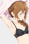  1girl aqua_eyes armpits arms_up baba_konomi black_bra bra braid breasts brown_hair collarbone commentary_request hair_over_shoulder highres hiroki_(yyqw7151) idolmaster idolmaster_million_live! lace lace_bra laces long_hair looking_away pink_shirt shirt single_braid small_breasts solo underwear undressing 