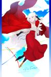  1girl black_legwear blue_eyes cape copyright_name crise full_body hand_up highres long_hair looking_at_viewer pen pixiv_fantasia pixiv_fantasia_age_of_starlight red_cape red_skirt skirt solo virginia_(pixiv_fantasia_age_of_starlight) white_hair 