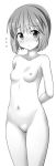  1girl arms_behind_back bangs blush breasts closed_mouth collarbone eyebrows_visible_through_hair flying_sweatdrops greyscale hagiwara_yukiho hair_between_eyes highres idolmaster idolmaster_million_live! idolmaster_million_live!_theater_days light_smile looking_at_viewer monochrome navel nipples nude pussy short_hair small_breasts solo standing testa uncensored 