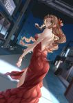 1girl absurdres aerith_gainsborough backless_outfit bare_back bare_legs bow braid braided_ponytail brown_hair dress drill_hair egoist-001 final_fantasy final_fantasy_vii final_fantasy_vii_remake green_eyes highres long_dress long_hair pink_bow pink_dress red_dress revealing_clothes side_drill tri_drills 