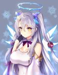  1girl black_gloves bow breasts cleavage closed_mouth commentary_request copyright_request covered_navel curled_horns detached_sleeves dress gloves glowing glowing_wings grey_background grey_hair hair_ornament half_gloves halo highres horns ice large_breasts long_hair long_sleeves purple_bow sleeveless sleeveless_dress smile snowflakes solo tahya two_side_up upper_body very_long_hair white_dress white_sleeves white_wings wide_sleeves wing_collar wings yellow_eyes 