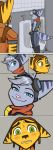  anthro blue_eyes clothing colored discrete_turtle eyebrows eyewear felid feline female goggles goggles_on_head green_eyes grey_hair grin hair headgear hi_res lombax male mammal ratchet ratchet_and_clank ratchet_and_clank:_rift_apart rift_apart_lombax scarf smile smug urinal video_games 