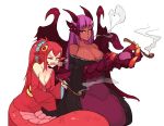  2girls :d alternate_costume bare_shoulders black_kimono breasts claws cleavage crossover dark_skin dragon_girl dragon_wings english_commentary eyebrows_visible_through_hair hair_ornament hairclip holding holding_pipe jabberwock_(monster_girl_encyclopedia) japanese_clothes kimono lamia large_breasts long_hair looking_at_another miia_(monster_musume) monster_girl monster_girl_encyclopedia monster_musume_no_iru_nichijou multiple_girls off_shoulder one_eye_closed open_mouth pipe pointy_ears ponytail purple_hair red_eyes red_hair red_kimono rtil sash scales sidelocks simple_background smile smoke smoking teeth tongue v-shaped_eyebrows white_background wings yellow_eyes yukata 
