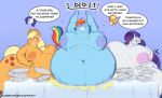  anthro anthrofied applejack_(mlp) areola belly big_belly big_breasts big_butt blue_body blush breasts butt competition crumbs cutie_mark dialogue english_text equid equine female friendship_is_magic furniture group hair horn horse huge_areola huge_breasts huge_butt hyper hyper_belly mammal messy morbidly_obese morbidly_obese_female multicolored_hair multicolored_tail my_little_pony navel nekocrispy nude obese obese_female overweight overweight_female plate pony rainbow_dash_(mlp) rainbow_hair rainbow_tail rarity_(mlp) signature simple_background table tablecloth text thick_thighs unicorn wide_hips 