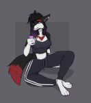  anthro black_body black_fur breasts canid canine canis clothing female fur hair hi_res long_hair mammal phone piercing sailormoonfan666 shirt smile solo sweatpants tank_top topwear wolf 