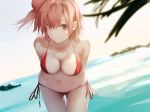  1girl absurdres aotsuki_kaoru arms_behind_back ass_visible_through_thighs bare_shoulders bikini blurry blurry_foreground blush breasts cleavage closed_mouth collarbone commentary_request cowboy_shot day depth_of_field dutch_angle highres large_breasts leaning_forward looking_at_viewer navel ocean one_side_up outdoors red_bikini red_eyes red_hair red_ribbon ribbon short_hair side-tie_bikini smile solo stomach sunlight swimsuit thigh_gap yahari_ore_no_seishun_lovecome_wa_machigatteiru. yuigahama_yui 