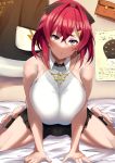  1girl alternate_breast_size ange_katrina bare_shoulders barefoot bed black_skirt blue_eyes breast_squeeze breasts highres huge_breasts long_hair looking_at_viewer nijisanji nuezou parted_lips red_hair short_shorts shorts skirt solo spread_legs thighs 