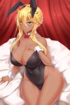  1girl absurdres ahoge animal_ears arm_at_side arm_support artoria_pendragon_(all) artoria_pendragon_(lancer) bangs bare_legs bare_shoulders bed bed_sheet bedroom black_leotard blonde_hair blush bow bowtie braid breasts bunny_ears bunny_girl bunnysuit cleavage closed_mouth collarbone covered_navel crown dark_skin deep_skin detached_collar eyebrows_visible_through_hair eyelashes fake_animal_ears fanbox_reward fang fate/grand_order fate_(series) french_braid green_eyes hair_between_eyes hand_on_own_chest hand_up highleg highleg_leotard highres hip_focus indoors large_breasts leaning_to_the_side leotard long_hair looking_at_viewer on_bed paid_reward pantyhose red_neckwear shuugetsu_karasu sidelocks sitting sitting_on_bed skin_fang solo strapless strapless_leotard sweatdrop tan thigh_gap thighs wide_hips wing_collar wrist_cuffs 