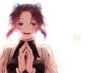  1girl black_hair bug butterfly butterfly_hair_ornament crying crying_with_eyes_open hair_ornament haori insect japanese_clothes kimetsu_no_yaiba kochou_shinobu looking_at_viewer mutospectacle open_mouth purple_eyes purple_hair short_hair smile solo tears uniform 