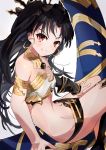  1girl absurdres armlet asymmetrical_legwear asymmetrical_sleeves bangs bare_shoulders bikini black_bow black_hair blush bow breasts cleavage closed_mouth earrings fate/grand_order fate_(series) gold_trim hair_bow heavenly_boat_maanna highres hoop_earrings ishtar_(fate)_(all) ishtar_(fate/grand_order) jewelry long_hair looking_at_viewer medium_breasts navel neck_ring parted_bangs red_eyes same_(sendai623) single_sleeve single_thighhigh smile swimsuit thighhighs thighs tiara two_side_up weapon 