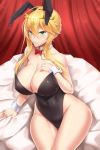  1girl absurdres ahoge animal_ears arm_at_side arm_support artoria_pendragon_(all) artoria_pendragon_(lancer) bangs bare_legs bare_shoulders bed bed_sheet bedroom black_leotard blonde_hair blush bow bowtie braid breasts bunny_ears bunny_girl bunnysuit cleavage closed_mouth collarbone covered_navel crown deep_skin detached_collar eyebrows_visible_through_hair eyelashes fake_animal_ears fanbox_reward fang fate/grand_order fate_(series) french_braid green_eyes hair_between_eyes hand_on_own_chest hand_up highleg highleg_leotard highres hip_focus indoors large_breasts leaning_to_the_side leotard long_hair looking_at_viewer on_bed paid_reward pantyhose red_neckwear shuugetsu_karasu sidelocks sitting sitting_on_bed skin_fang solo strapless strapless_leotard sweatdrop thigh_gap thighs wide_hips wing_collar wrist_cuffs 