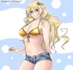  1girl atago_(kantai_collection) blonde_hair blue_background blue_eyes breasts chiwa_(chiwa0617) cleavage collarbone commentary_request contrapposto cowboy_shot cutoffs dated denim denim_shorts front-tie_top gold_bikini highres kantai_collection large_breasts long_hair looking_at_viewer open_fly short_shorts shorts solo standing twitter_username two-tone_background 