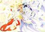  2girls ass black_hair energy_wings glowing glowing_hair green_eyes hair_ornament hairclip highres hug kohinata_miku light_brown_hair multiple_girls orange_eyes petals scarf senki_zesshou_symphogear smile tachibana_hibiki_(symphogear) x-drive_(symphogear) yuri 