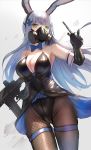  1girl animal_ears assault_rifle bow bowtie breasts bunny_ears bunnysuit cleavage collarbone controller elbow_gloves fake_animal_ears feet_out_of_frame fishnet_legwear fishnets girls_frontline gloves green_eyes gun h&amp;k_hk416 hk416_(girls_frontline) large_breasts long_hair looking_at_viewer qian_wu_atai remote_control respirator rifle silver_hair skindentation solo thigh_strap thighs very_long_hair weapon 
