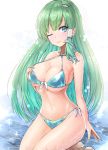  1girl ;) aqua_bikini bangs bare_arms bare_shoulders bikini blue_eyes breasts commentary_request eyebrows_visible_through_hair frog_hair_ornament green_hair hair_ornament kneeling kochiya_sanae large_breasts long_hair looking_at_viewer navel one_eye_closed partial_commentary simple_background smile snake_hair_ornament solo stomach swimsuit thighs touhou very_long_hair white_background y2 