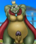  absurd_res alligator alligatorid anthro balls belly cape clothed clothing colored crocodile crocodilian crocodylid crown donkey_kong_(series) erection evil_grin eye_twitch genitals green_body green_skin grin hard_penis hi_res humanoid humanoid_genitalia humanoid_penis king king_k._rool kremling looking_at_viewer male multicolored_body navel nintendo nude overweight penis pinup pose presenting presenting_penis reptile royalty scalie simple_background smile solo teeth video_games winick-lim yellow_belly yellow_body yellow_skin 