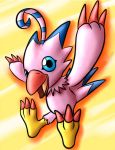  2016 avian bassy_wolfeh biyomon blue_body blue_eyes blue_feathers blue_markings claws digimon digimon_(species) feather_tuft feathers female fingers flying happy hi_res markings open_mouth pink_body pink_feathers red_claws solo toe_claws tongue tuft 