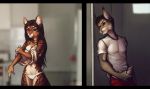  2020 anthro blurred_background brown_eyes cheetah clothed clothing detailed_background digital_media_(artwork) duo felid feline female fur genitals king_cheetah lynx male mammal nelly63 penis spots spotted_body spotted_fur 