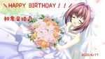  1girl ahoge asakura_otome bare_arms bare_shoulders blush bouquet breasts bridal_veil brown_hair closed_eyes commentary_request da_capo da_capo_ii dated dress eighth_note eyebrows_visible_through_hair flower hair_between_eyes hair_flower hair_intakes hair_ornament happy_birthday highres holding holding_bouquet jewelry kayura_yuka musical_note necklace open_mouth petals short_hair sleeveless sleeveless_dress small_breasts smile solo strapless strapless_dress veil wedding_dress white_dress 