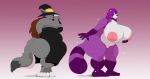 2017 after_transformation big_breasts big_butt black_nose breasts butt canid clothing duo female fur grey_body grey_fur hand_on_breast hat headgear headwear huge_breasts magic_user mammal nipples nken procyonid purple_body purple_fur raccoon smile standing surprise witch witch_hat 