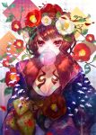  1girl bangs breasts bubble_blowing chewing_gum cleavage emoillu fate/grand_order fate_(series) flower fur_collar giant_brush hair_flower hair_ornament hairpin highres japanese_clothes katsushika_hokusai_(fate/grand_order) kimono large_breasts long_sleeves looking_at_viewer paintbrush pale_skin purple_hair purple_kimono red_eyes red_kimono sash short_hair wide_sleeves 