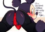  anthro balls black_clothing blush bulge butt clothed clothing disney english_text genitals hentaib looking_back male mammal mickey_mouse mouse murid murine rear_view red_clothing rodent solo text 