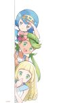  3girls :&lt; artist_name bangs bare_shoulders blonde_hair blue_eyes blue_hair blue_sailor_collar blush braid closed_mouth collarbone covering_mouth dark_skin dress eyebrows_visible_through_hair flat_chest flower green_eyes green_hair green_hairband hair_flower hair_ornament hairband half-closed_eyes hand_up happy highres light_blush lillie_(pokemon) long_hair looking_at_viewer mao_(pokemon) mei_(maysroom) multiple_girls open_mouth overalls peeking_out pink_flower pokemon pokemon_(game) pokemon_sm sailor_collar shading_eyes shiny shiny_hair shirt short_hair signature simple_background sleeveless sleeveless_dress smile suiren_(pokemon) swept_bangs teeth tied_hair trial_captain twintails upper_body white_background white_dress white_shirt yellow_hairband 