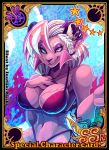  2019 anthro bikini blue_background blue_eyes border braided_hair breasts card chest_tuft cleavage clothed clothing demon ear_piercing english_text felid feline felis female fur hair hand_on_breast hi_res horn hybrid inutsukihasukii kemono looking_at_viewer mammal multicolored_hair notched_wings piercing pink_body pink_fur simple_background solo swimwear text tuft two_tone_hair watermark white_hair wings yellow_border 