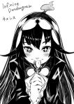  blush closed_mouth fire greyscale highres holding holding_spoon infinite_dendrogram long_hair monochrome nemesis_(infinite_dendrogram) simple_background sketch smile spoon spoon_in_mouth tsukuha_(chakai514) upper_body white_background 