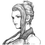  1girl breasts cleavage closed_mouth collared_dress commentary_request earrings final_fantasy final_fantasy_vii final_fantasy_vii_remake graphite_(medium) greyscale hair_bun jewelry large_breasts monochrome morokosi profile scarlet_(ff7) single_sidelock sketch traditional_media 