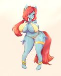  absurd_res anthro bangle blue_body blue_fur breasts cleavage clothed clothing equid equine female fur hair hi_res jewelry mammal ponyna ponytail red_eyes ruby_blossom solo 