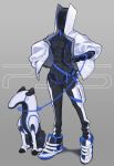  1boy abs android dog full_body gashi-gashi gradient gradient_background grey_background high_collar highres jacket male_focus personification playstation_5 robot robot_dog shoes simple_background sneakers solo sony white_jacket 