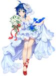  1girl ahoge amagai_tarou bare_shoulders blue_eyes blue_hair blush bouquet bow bride dress flower frills hair_ornament legs medium_hair official_art pointy_ears red_footwear rena_lanford smile solo star_ocean star_ocean_anamnesis star_ocean_the_second_story thigh_strap transparent_background white_dress 