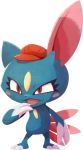  artist_request blush blush_stickers cabbie_hat claws clothed_pokemon forehead_jewel full_body gen_2_pokemon hand_up happy hat no_humans official_art open_mouth pokemon pokemon_(creature) pokemon_(game) pokemon_cafe_mix red_eyes red_headwear smile sneasel solo standing transparent_background 