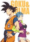  1boy 1girl :o back-to-back black_bra black_eyes black_hair blue_eyes blue_hair bra breasts bulma character_name cleavage closed_mouth clothes_writing collarbone collared_jacket commentary_request cowboy_shot dougi dragon_ball dragon_ball_super_broly eyelashes fingernails green_jacket hair_between_eyes height_difference jacket jewelry large_breasts locked_arms looking_at_another looking_back muscle necklace open_mouth partially_unzipped purple_jacket short_hair short_shorts shorts simple_background smile son_gokuu spiked_hair sunglasses takagi_takumi teeth two-tone_jacket underwear upper_teeth very_short_hair white_background white_shorts wristband yellow-framed_eyewear zipper 