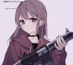  1girl bangs black_choker black_nails blush brown_eyes brown_hair brown_hoodie brown_nails choker closed_mouth collarbone commentary_request ear_piercing earrings eyebrows_behind_hair gun hand_up highres holding holding_gun holding_weapon hood hood_down hoodie jewelry lace_trim long_hair long_sleeves looking_at_viewer multicolored multicolored_hair multicolored_nails nail_polish original piercing purple_background red_hair simple_background sleeves_past_wrists smile solo streaked_hair translation_request tsuruse twitter_username upper_body weapon weapon_request 