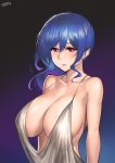  1girl azur_lane backless_dress backless_outfit bangs bare_shoulders blue_hair breasts cleavage collarbone commentary_request dress evening_gown gradient gradient_background grey_dress hair_between_eyes halter_dress highres huitu_xigai large_breasts parted_lips pink_eyes plunging_neckline revealing_clothes side_ponytail sidelocks signature silver_dress st._louis_(azur_lane) st._louis_(luxurious_wheels)_(azur_lane) 