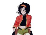  1girl arms_at_sides belt black_eyes black_gloves black_hair closed_mouth commentary_request crop_top dragon_ball dragon_ball_heroes eyelashes flat_chest floating_hair gloves green_shorts grin haha_(haha_db) hairband jacket korean_commentary looking_to_the_side messy_hair midriff navel older open_clothes open_jacket orange_hairband pan_(dragon_ball) pan_(xeno)_(dragon_ball) red_jacket shaded_face short_hair short_shorts shorts simple_background smile solo torn_clothes torn_shorts upper_body v-shaped_eyebrows white_background 