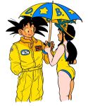  1boy 1girl :d aida_kaiko alternate_costume ass backless_swimsuit bangs bare_arms bare_legs bare_shoulders black_eyes black_hair blunt_bangs chi-chi_(dragon_ball) closed_mouth clothes_writing collared_jacket dragon_ball dragon_ball_(classic) dragon_ball_z eyelashes facing_away fingernails hand_in_pocket hand_up happy holding holding_umbrella jacket legs_together looking_at_another open_mouth pants ponytail profile shadow sidelocks simple_background smile son_gokuu spiked_hair standing star_(symbol) star_print swimsuit two-tone_umbrella umbrella upper_body white_background yellow_jacket yellow_pants yellow_swimsuit yellow_theme 