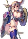  1girl armor ass_visible_through_thighs bandaid bandaid_on_face bikini_armor blue_eyes blue_legwear breasts brown_hair cleavage gauntlets green_eyes head_wings highres holding holding_sword holding_weapon invisible_chair large_breasts leg_up looking_at_viewer masao medium_hair navel original photoshop_(medium) reverse_grip revision shield single_pauldron sitting solo sword thighhighs thighs tiara weapon 