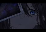  1girl absurdres black_hair blue_eyes cellphone close-up eyelashes eyes face hair_between_eyes highres hirakana letterboxed looking_at_viewer messy_hair one_eye_covered original parted_lips phone sky solo star_(sky) starry_sky tears 