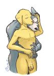  anthro anthro_on_anthro balls beastars bird_dog canid canine canis crotch_tuft domestic_dog drdalefox duo embracing eyes_closed flaccid fur genitals grey_body grey_fur hi_res hunting_dog interspecies jack_(beastars) labrador legoshi_(beastars) male male/male mammal penis retriever romantic_ambiance romantic_couple small_penis standing tuft wolf yellow_body yellow_fur 