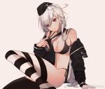  1girl ahoge arm_support bikini black_bikini black_jacket breasts c96_(girls_frontline) chinese_commentary cleavage commentary_request frown girls_frontline hat icywood jacket long_hair looking_at_viewer medium_breasts mismatched_legwear necktie open_clothes red_eyes side-tie_bikini silver_hair sitting solo striped striped_legwear swimsuit symbol-shaped_pupils thighhighs 