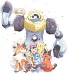  1boy baseball_cap black_hair blue_footwear brown_shorts celebration closed_eyes confetti gen_1_pokemon gen_7_pokemon hand_on_another&#039;s_leg happy hat highres holding_trophy looking_at_viewer lycanroc lycanroc_(dusk) male_focus mei_(maysroom) melmetal mythical_pokemon on_shoulder one_eye_closed open_mouth pikachu pokemon pokemon_(anime) pokemon_(creature) pokemon_on_shoulder pokemon_sm_(anime) rowlet satoshi_(pokemon) shirt shoes shorts smile sneakers spiked_hair striped striped_shirt torracat trophy upper_teeth v 