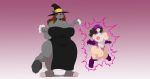  2017 big_breasts breast_growth breasts canid clothing duo female hair hat headgear headwear huge_breasts human_to_anthro magic magic_user magic_wand mammal nipples nken procyonid raccoon smile species_transformation standing surprise transformation witch witch_hat 