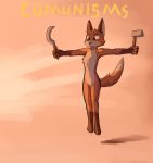  2020 anthro canid canine communism enginetrap english_text featureless_crotch fox fur hammer_and_sickle hi_res holding_object holding_tool light lighting mammal nude orange_body orange_fur politics sickle solo text tools 