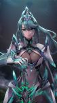  1girl absurdres aqua_eyes aqua_hair armor bangs breasts chest_jewel cleavage closed_mouth gem gloves hair_between_eyes headpiece high_ponytail highres holding holding_sword holding_weapon large_breasts long_hair looking_at_viewer neonbeat pneuma_(xenoblade_2) shoulder_armor sidelocks standing swept_bangs sword tiara weapon white_gloves xenoblade_(series) xenoblade_2 