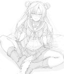  1boy 1girl absurdres abukuma_(kantai_collection) boots commentary_request double_bun embarrassed footjob gloves greyscale hetero highres jacket kantai_collection long_hair miniskirt monochrome on_bed partly_fingerless_gloves penis sailor_collar skirt suisen_toire_(moko924) twintails 