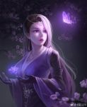  1girl breasts bug butterfly earrings flower glowing_butterfly grey_background highres insect jewelry jian_xia_qing_yuan_online_3 long_sleeves medium_breasts outdoors parted_lips purple_butterfly purple_eyes solo standing tiara tudou_td upper_body watermark wide_sleeves 